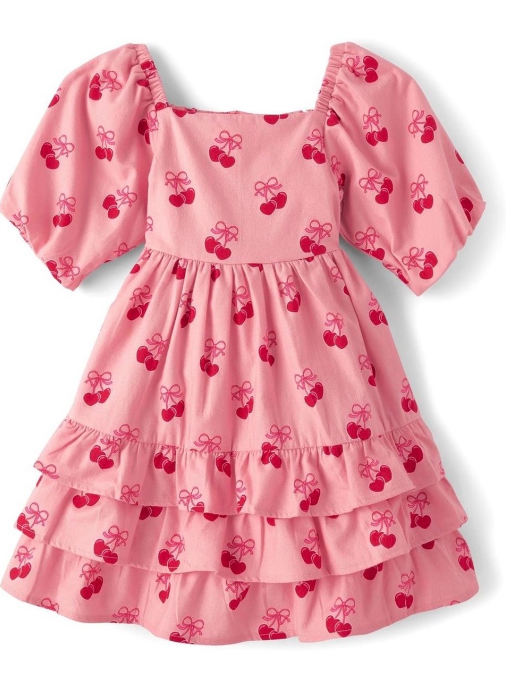 Girls Pink Cherry Print Tiered Dress